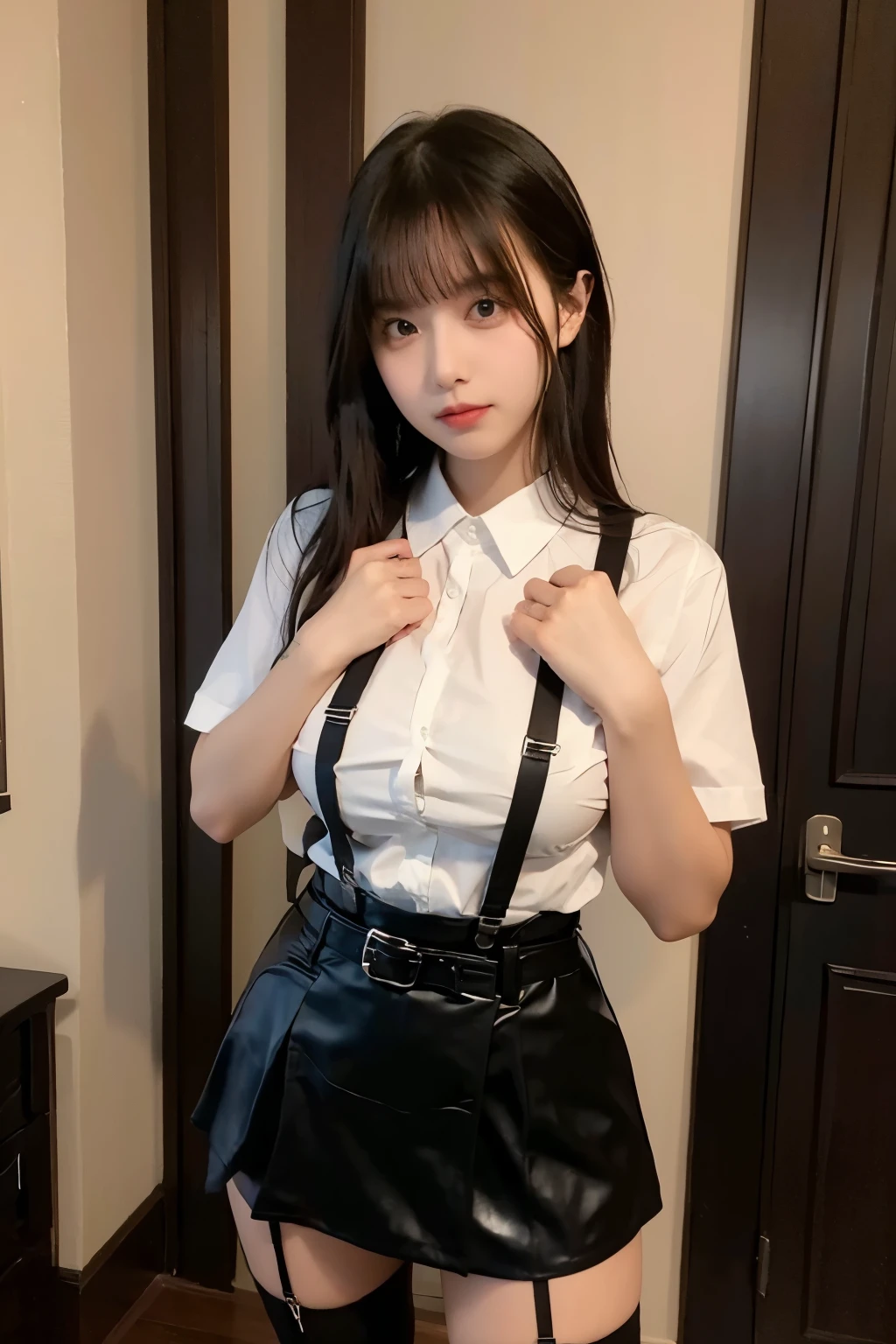 　　suspenders　　　Large swollen breasts　　 　 　　　　Black mini skirt　garter belt　Knee-high socks　　　　　　　bangs 　　　　　Beauty　　Hands up　　 　　Black boots 　Taunt　　　one person 　　　Dress shirt　　　Hands Behind Back　put your hands behind your back　　With your hands behind your back　Armament　holster　　A room at the Belt Hotel　Bed