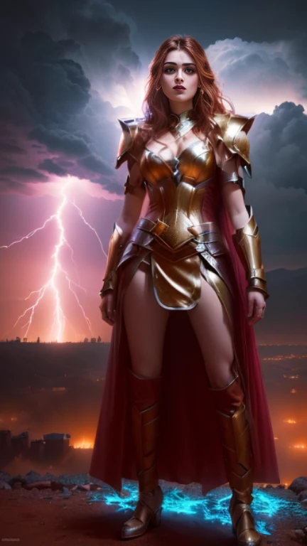 a woman in a costume standing on a hill With Lightning in the background, Goddess of Thunder, wearing thunder armor, Maya Ali as the Lightning Magician, She's attracting lightning, Lightning Fantasy Magic, Fantasy Character Pictures, Lightning flashes behind her, Lightning in the movie, Female lightning Jenasi, Magnificent lightning, With Lightning, amouranth as a super villain