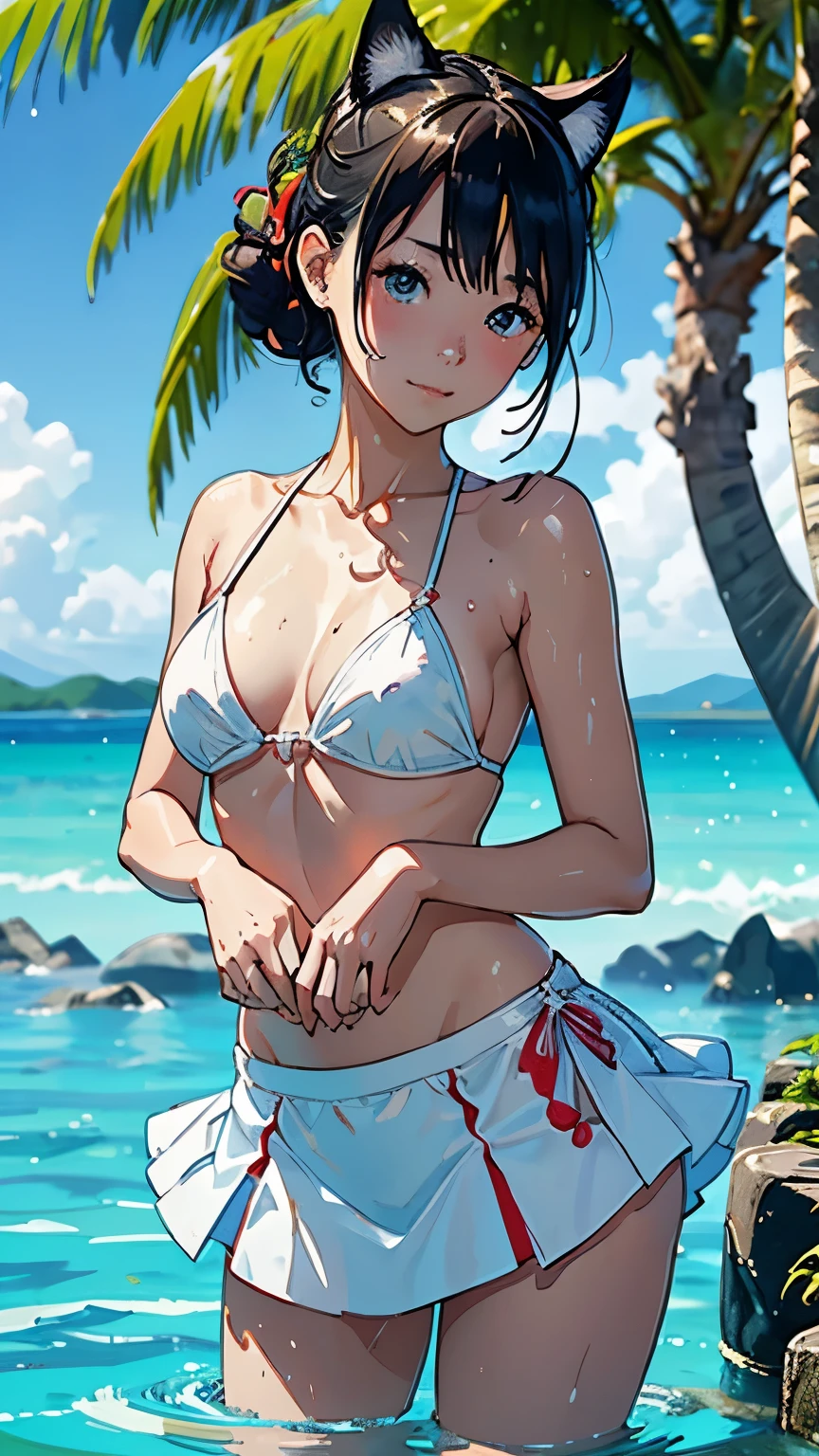 (highest quality, masterpiece, High resolution)、4k digital art、Reality、Beautiful Japanese Woman、(One woman)、20-year-old、(whole bodyポートレート、Standing posture)、(Keep your hands on your hips)、(Detailed depiction of a beautiful face)、Smiling Kindly、Small 、Slim figure、((Cat ear))、Medium Short Hair、semi-long、Hair Bun、Wet 水着、bikini、モノキニbikini、A pareo skirt with ethnic patterns and primary colors、Realistic Skin、Wet、whole body、No zoom、No close-ups、Cinematic Light、Tropical Colors、((Blank Background))、((White Background))、