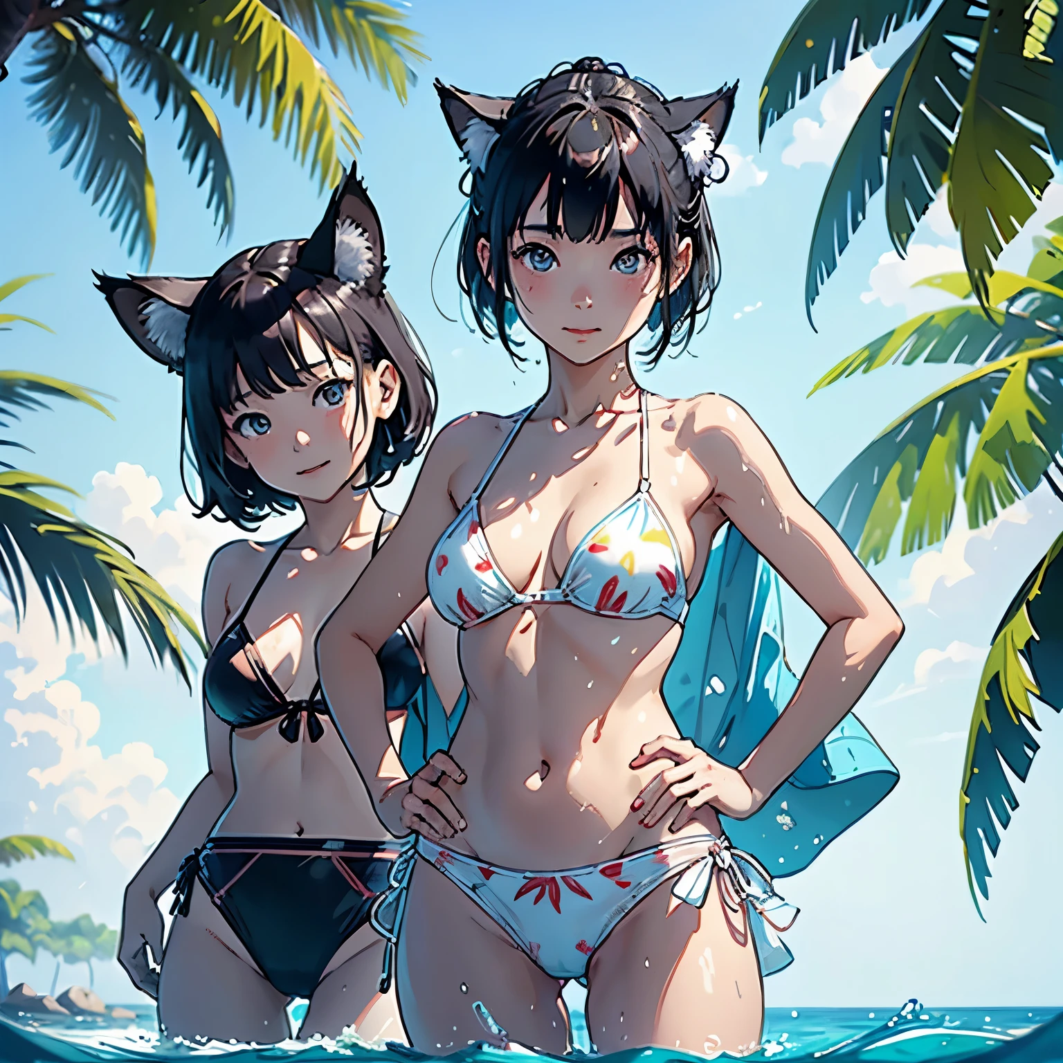 Two girls with animal ears enjoying a day at the beach, playfully using a long and strong wooden sticks to smash watermelons. a watermelon set on the beach --auto