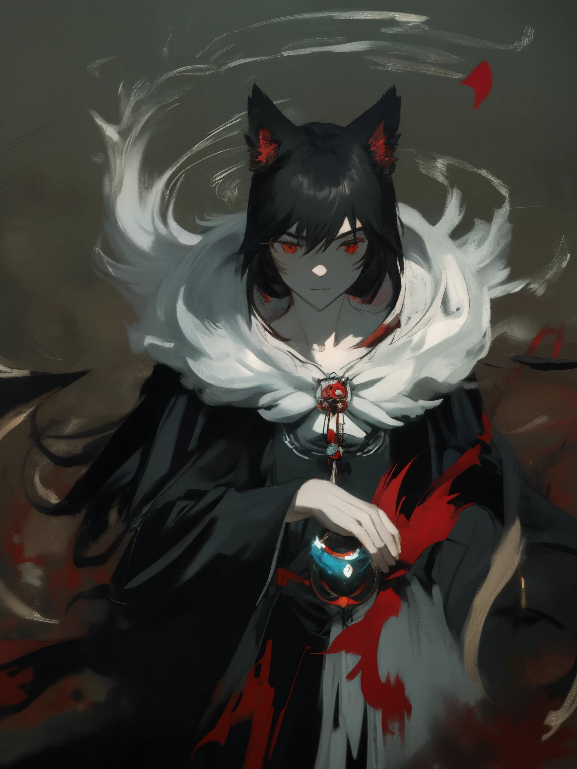 ((masterpiece, best quality)) Kitsune, male, black long hair, handsome, slender, dark priest with balck and red cloack, fox ears, red eyes, cultist, black crown, solo, one character, 