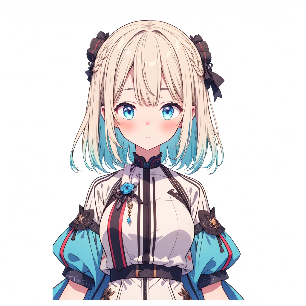 vtuber-halfbody、masterpiece、Best Quality、Best illustrations、Super detailed、Upper Body、solo、1 girl、looking at the camera、upright、Arms at your sides、Beautiful detailed eyes、Concept Art、Short bangs、from the front、White background、Simple Background、Big eyeilky white and blue gradient long hair、Short sleeve、water colored pencils、Expressionless、blush、Virtual YouTuber、