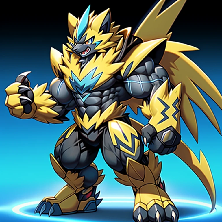 (Pokémon) Zeraora's giant robot. big muscle. GIANT. pecs, triceps, traps, waist narrow. body full of huge muscles. He wears a black cloak on his back. The cloak is so long that it touches the ground, The claws are sharp, Sharp teeth, Protecting Zeraora's design and color scheme. Wearing cyberpunk mecha, emphasizes the muscles.
He wears the same armor as himself from head to foot. (emphasizes the muscles.)
unusually developed muscular body, (Pokémon) A Zeraora at the bodybuilding competition, massive, huge muscular bodybuilder with extraordinary biceps, pecs, triceps, traps, gigachad, 300 lbs. The claws are sharp, Sharp teeth,
whole body shines like metal. Gigantic ZERAORA, metallic eagle shaped wings, suit fully made of metal, Biomechanicegacities of the future,
Metal wings on the back,
with huge golden laser sword,