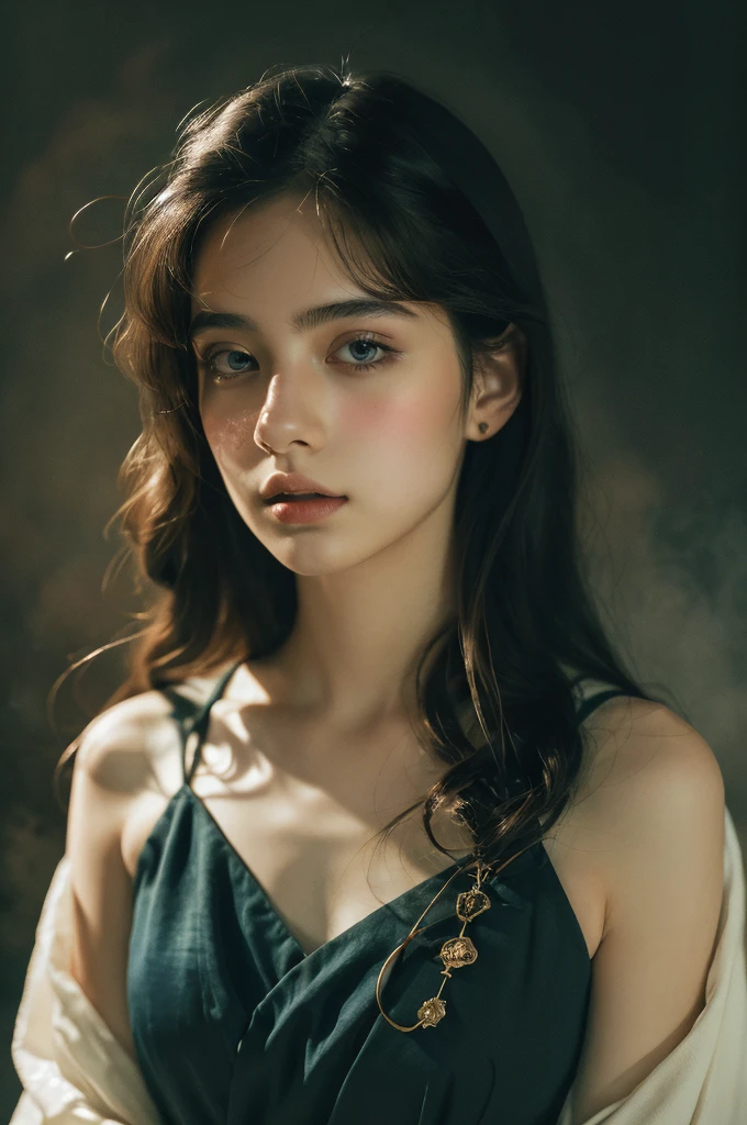 ( masterpiece, top quality, best quality,8k,17 years old girl,ultra detailed,raw photo:1.5),(photorealistic:1.4), (cinematic lighting), PerfectNwsjMajic, , Surrealism, UHD, ccurate, Super detail, textured skin, High detail, Best quality, dynamic angle, White skin,[Beautiful blue eyes], high nose,[flat chest:large breasts:0.5],(1girl),(good anatomy:0.5)), Dreamy atmosphere, Dark-toned background, expressive brush strokes, mystical ambiance, Artistic interpretation, Stunning Studio Ghibli style costumes, a whimsical illustration, Subtle colors and tones, mystical aura, Face