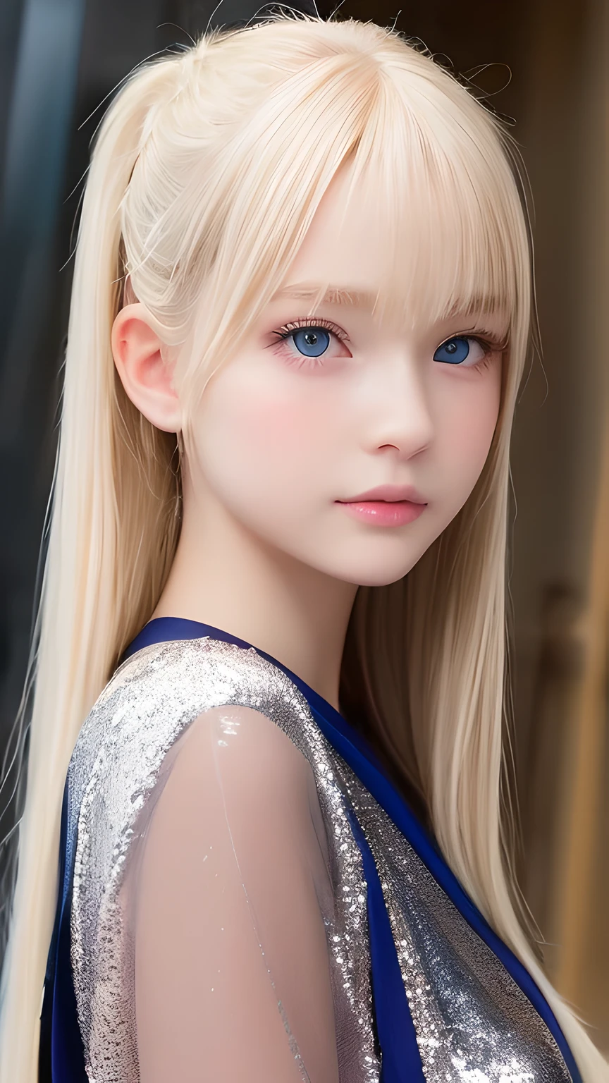 Portrait、、Bright expression、ponytail、Young, lustrous, glowing, white skin、The best beauty、Blonde reflection、Natural platinum blonde hair with dazzling highlights、Shiny bright hair,、Super long silky straight hair、Shiny beautiful bangs、Large, bright, blue eyes that sparkle and are captivating、Very beautiful lovely cute 16 year old girl、Ample Bust