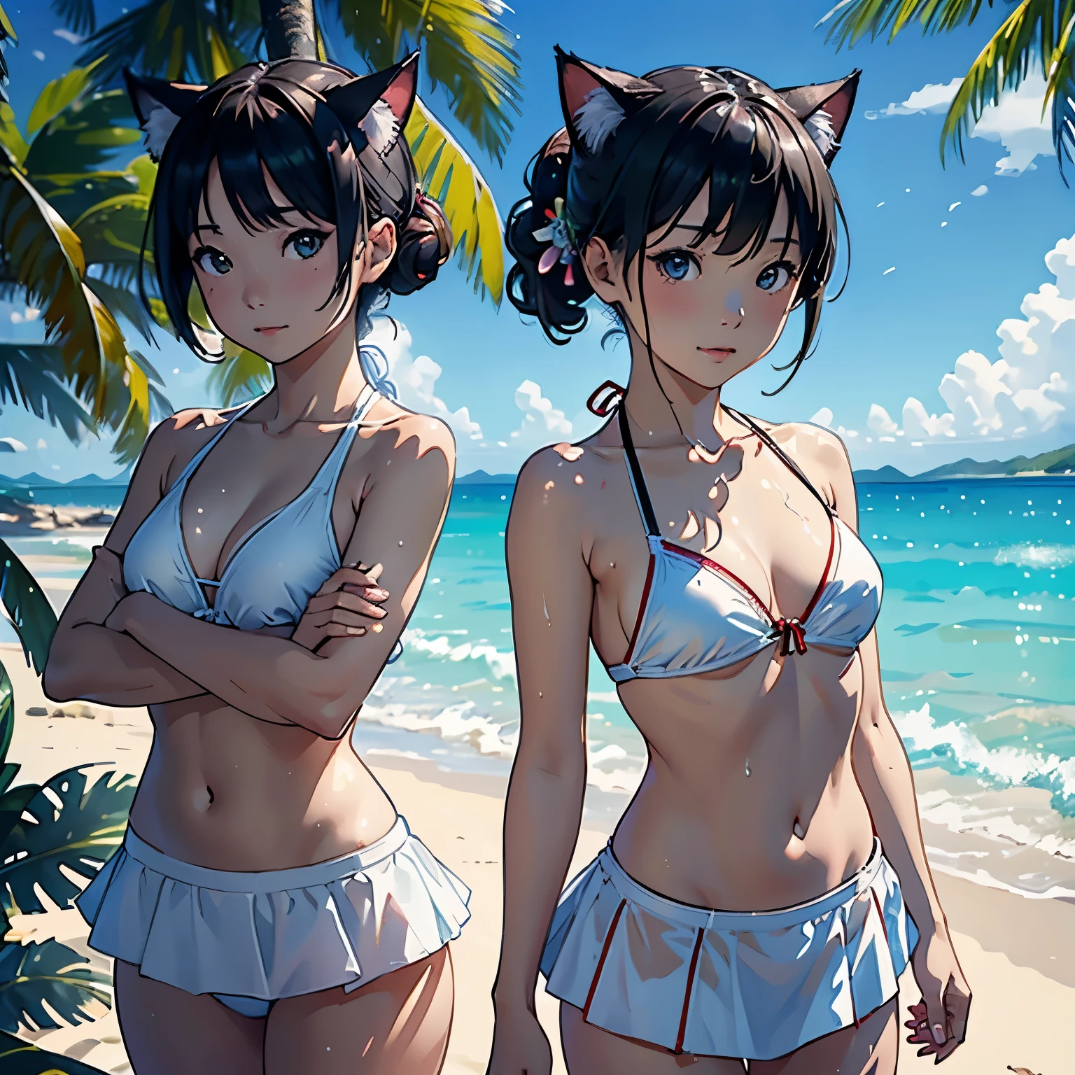 (highest quality, masterpiece, High resolution)、4k digital art、Reality、Beautiful Japanese Woman、(Two women)、20-year-old、(whole bodyポートレート、Standing posture)、(Cross your arms)、(Detailed depiction of a beautiful face)、Smiling Kindly、Small breasts、Slim figure、((Cat ear))、Medium Short Hair、semi-long、Hair Bun、Wet 水着、bikini、モノキニbikini、A pareo skirt with ethnic patterns and primary colors、Realistic Skin、Wet、whole body、No zoom、No close-ups、Cinematic Light、Tropical Colors、((Blank Background))、((White Background))、