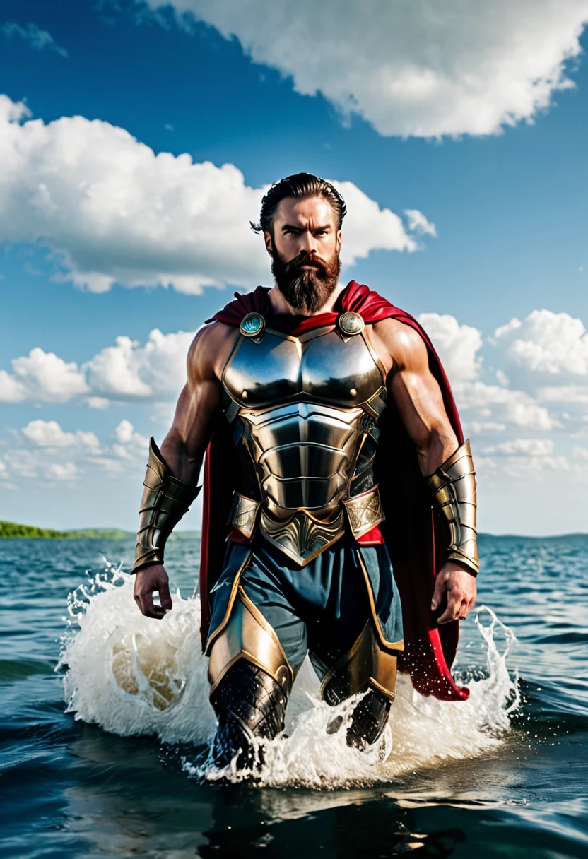 The character is a muscular, bearded man, wearing armor that (hides) his muscular pecs and a cape. He's walking in the water, with a magnificent view of the sky in the background. He appears to be a warrior or hero, and now faces the camera, looking directly into the lens.