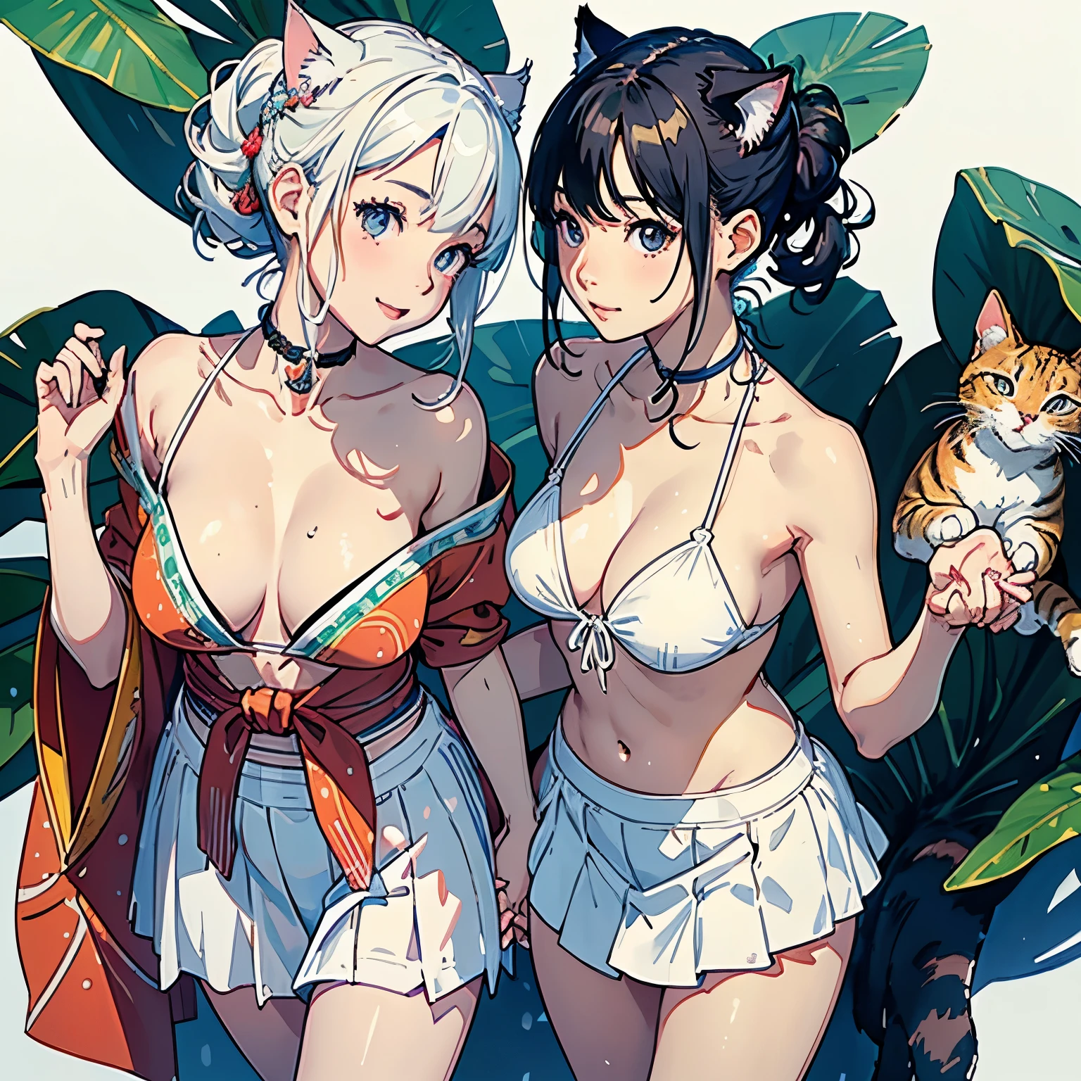 (highest quality, masterpiece, High resolution)、4k digital art、Anime Art、Reality、Beautiful Japanese Woman、(Two women、Holding hands)、20-year-old、(Full body portrait、Standing posture)、(Hand in hand)、(Detailed depiction of a beautiful face)、Smiling Kindly、Small breasts、Slim figure、((Cat ear))、Medium Short Hair、semi-long、Put your hair up、Wet水着、bikini、モノキニbikini、A pareo skirt with ethnic patterns and primary colors、Realistic Skin、Wet、No zoom、No close-ups、Cinematic Light、((Blank Background))、((White Background))、