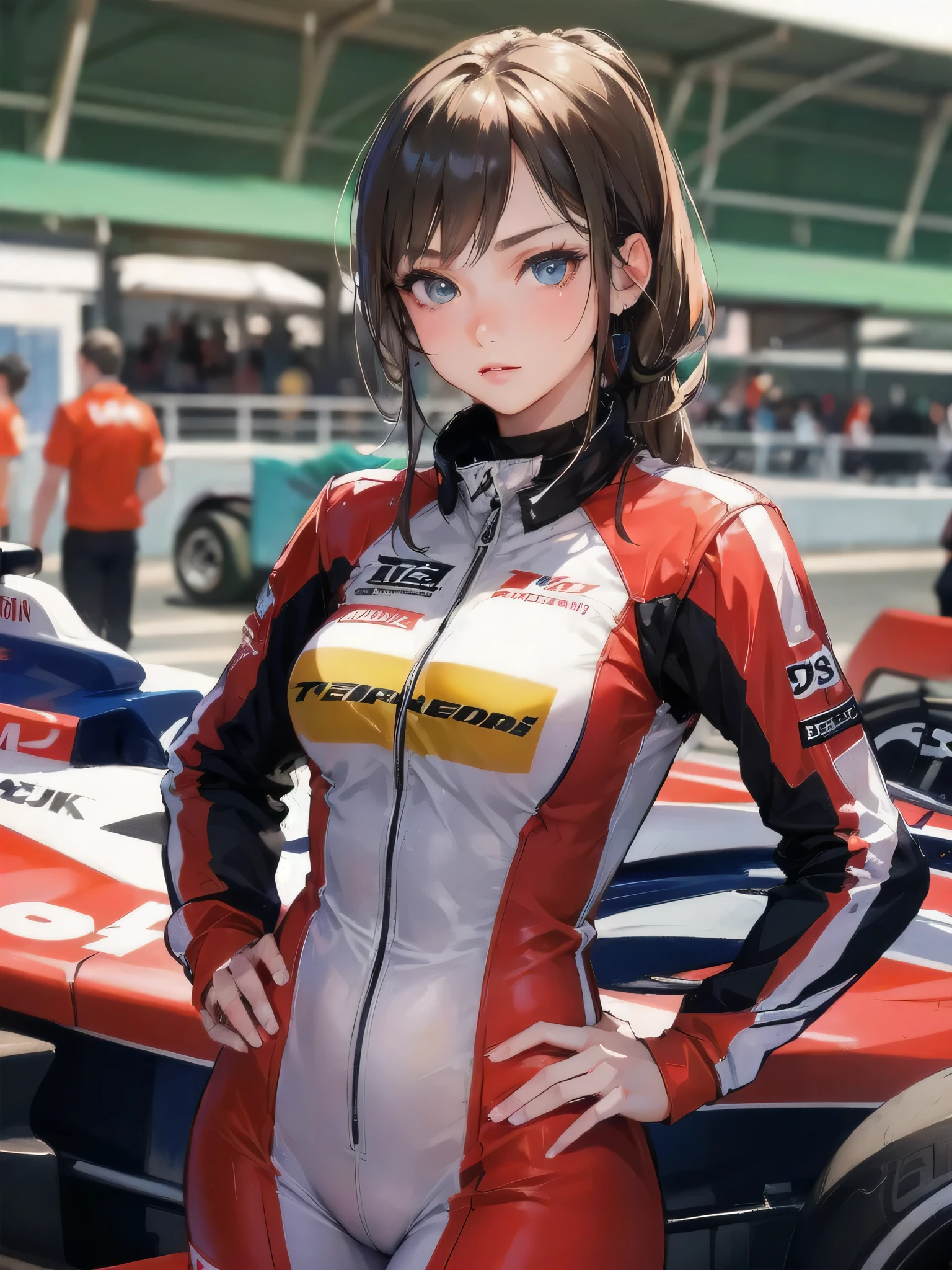 high quality,HD,16k,sharp lines,1 girl,Female f1racer athlete ,cute face, large breasts, nice legs,At the racing venue,focus girl,detailed beautiful face,detailed clothes,beautiful eyes,cool,dynamic angle
