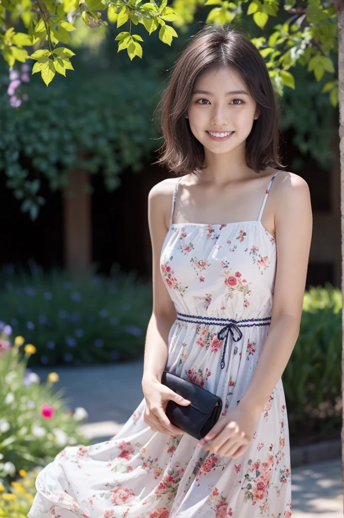 masterpiece, highest quality, disorganized, perfect anatomy, 1 girl, alone, pascal tales, short hair, beautiful, Hilarious, sunny day, botanical garden, Summer winds, sundress, Floral, wavy hair, smile