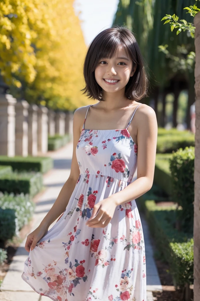 masterpiece, highest quality, disorganized, perfect anatomy, 1 girl, alone, pascal tales, short hair, beautiful, Hilarious, sunny day, botanical garden, Summer winds, sundress, Floral, wavy hair, smile