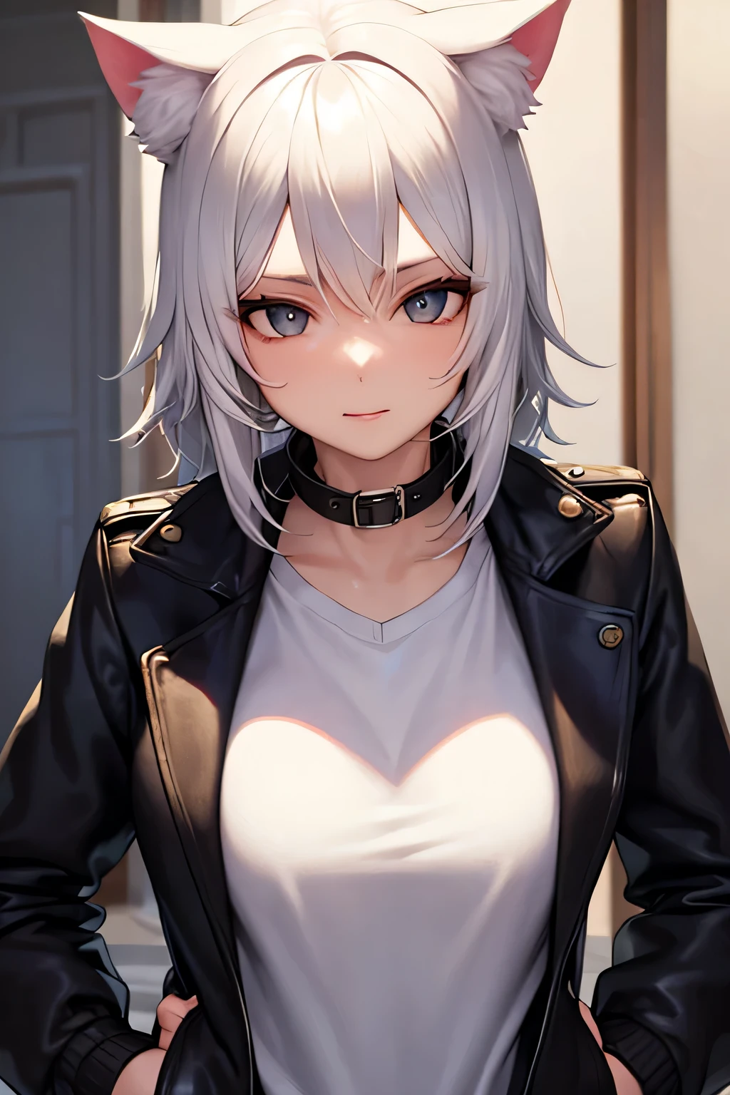 ((best quality)), ((masterpiece)), (detailed), perfect face, white hair, cat ears, looking at the viewer, wearing a jacket