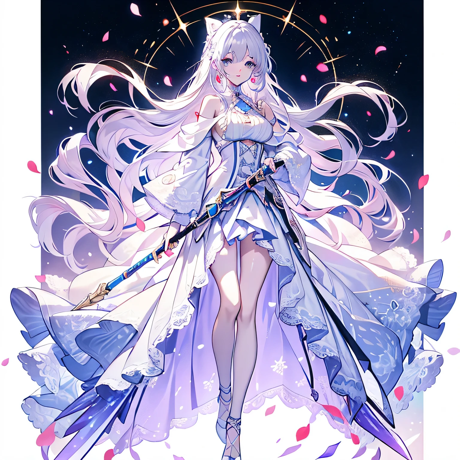 long wavy pale lavender and pale blue under the hairlines hair,two long wavy sides bangs behind, pale lavender eyelashes pale blue eyes color,long fluffy wavy hair, white bow tied behind her hair, wearing a white off-the-shoulder blouse and a cloak at her shoulder,pale lavender puffy skirt, white lace fingerless glove, white high heels, hair details , average breast , beautiful background, clothes details, adult woman,red lips, flowers on her hair, holding a magic staff, background details, celestial dress, full body, perfect image, perfect face,body,clear image