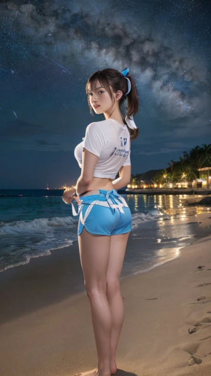((masterpiece)), (highest quality), 23 years old,Very detailed, finely, (High resolution), (8k), ((Perfect front viewcomposition)), (Natural color lip),(Side Ponytail:1.3),(((Standing facing forward on the beach at night, look at me))),((Printed T-shirt)),((Light blue fitness shorts)),((From the whole body to the toes:1.3)),((Perfect front view)),((The magnificent Milky Way floating in the night sky)),((Natural pose)),,((Big ribbon on thigh)),((Normal size buttocks)),((Ample breasts)),((Full and firm breasts)),(look at me微笑む),