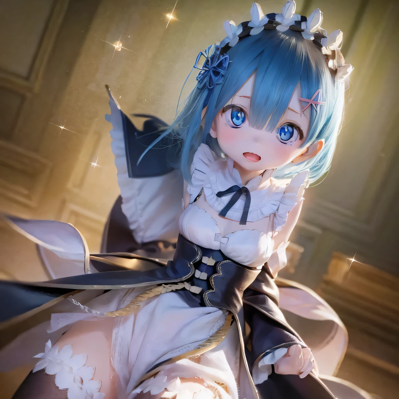 A five-year-old girl named Rem, it is (((((((baby))))))) style, Has beautiful and delicate eyes, lips, And the face. Artwork must be of the highest quality, Sharp focus and ultra-detailed rendering. The color palette should be vibrant and vivid. The medium must be illustration or digital painting. For more information, look、Also includes Rem in a cute dress, And with a look of joy.(((Little)))Sexy pose Blue hair Cute pose Flat chest(((((curtsey)))))stand