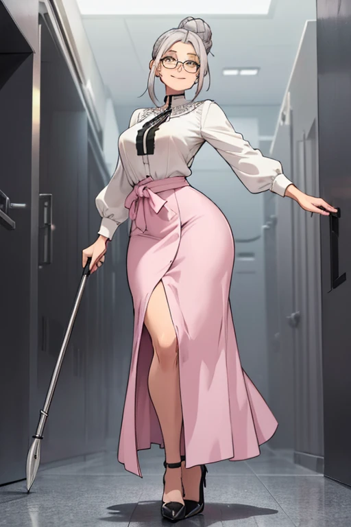 female, grey hair in a bun, yellow eyes, (((1girl))), (((white blouse))), (pink long skirt), (pale pink shawl), (black heels), (glasses with chain), (grey pantyhose), (cane), full body, large breasts, large butt, long legs, smiling, older woman