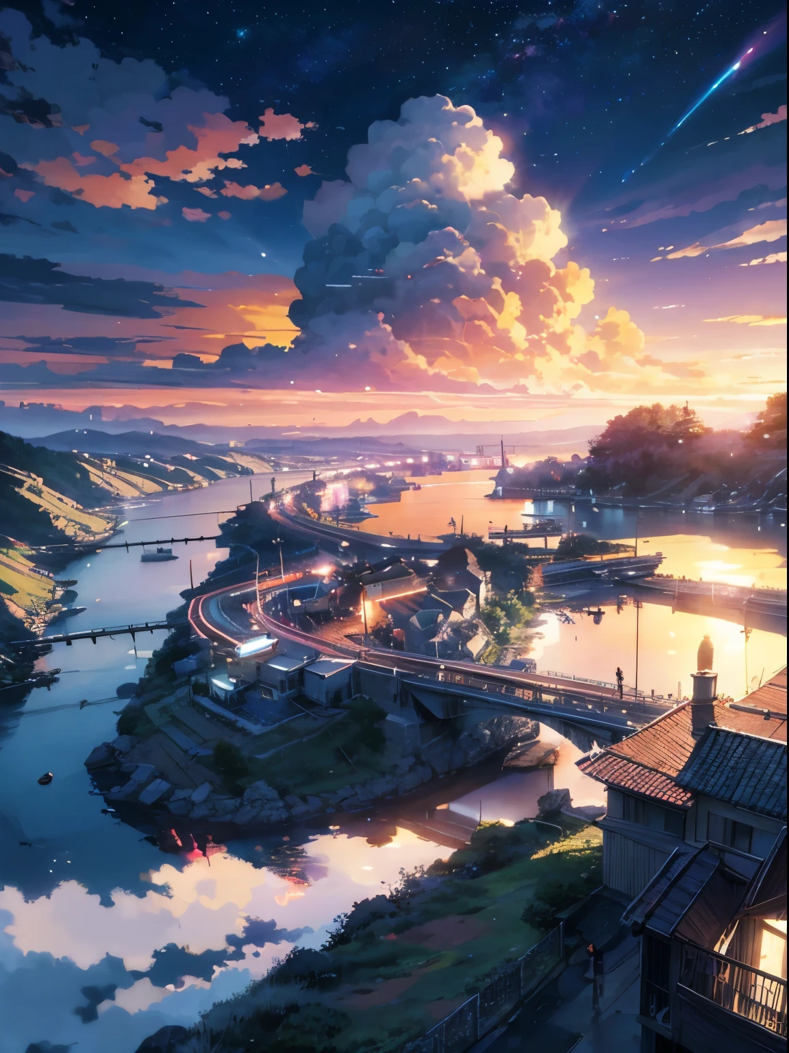 High quality masterpiece, town landscape, ((anime japanese town)), traditional town, bright starry sky. BREAK Romantic old town, sky, pixiv, concept art, lofi art style, reflection. by Makoto Shinkai, lofi art, Beautiful anime scene, BREAK Anime landscape, detailed scenery —width 672, in style of Makoto shinkai, style of Makoto shinkai, enhanced details, BREAK,Detailed,Realistic,4k highly detailed digital art,octane render, bioluminescent, BREAK 8K resolution concept art, realism,by Mappa studios,masterpiece,best quality,official art,illustration,ligne claire,(cool_color),perfect composition,absurdres, fantasy,focused,rule of thirds