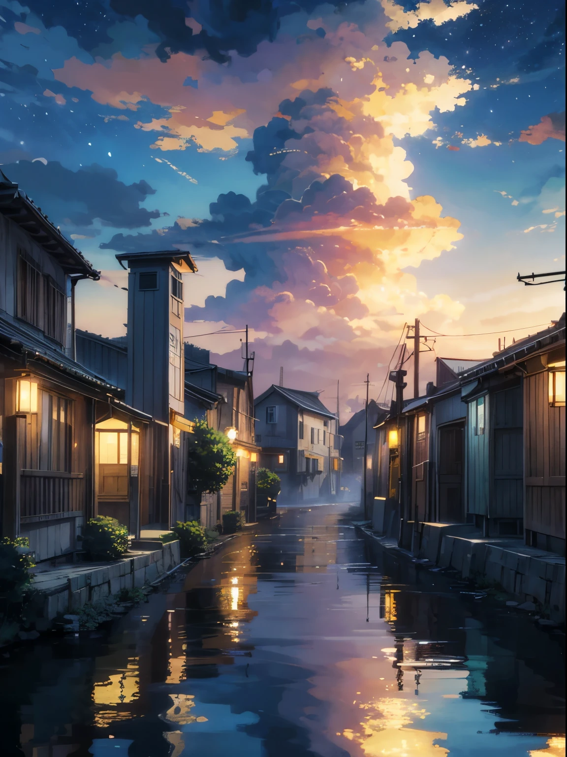 High quality masterpiece, town landscape, ((anime japanese town)), traditional town, bright starry sky. BREAK Romantic old town, sky, pixiv, concept art, lofi art style, reflection. by Makoto Shinkai, lofi art, Beautiful anime scene, BREAK Anime landscape, detailed scenery —width 672, in style of Makoto shinkai, style of Makoto shinkai, enhanced details, BREAK,Detailed,Realistic,4k highly detailed digital art,octane render, bioluminescent, BREAK 8K resolution concept art, realism,by Mappa studios,masterpiece,best quality,official art,illustration,ligne claire,(cool_color),perfect composition,absurdres, fantasy,focused,rule of thirds