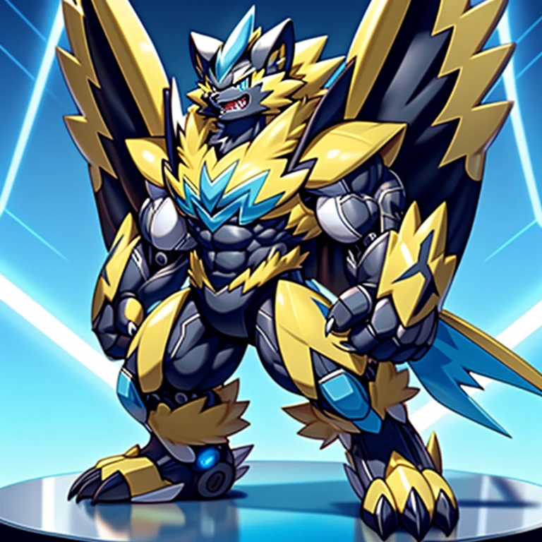 (Pokémon) Zeraora's giant robot. big muscle. GIANT. pecs, triceps, traps, waist narrow. body full of huge muscles. He wears a black cloak on his back. The cloak is so long that it touches the ground, The claws are sharp, Sharp teeth, Protecting Zeraora's design and color scheme. Wearing cyberpunk mecha, emphasizes the muscles. He wears the same armor as himself from head to foot. (emphasizes the muscles.) unusually developed muscular body, (Pokémon) A Zeraora at the bodybuilding competition, massive, huge muscular bodybuilder with extraordinary biceps, pecs, triceps, traps, gigachad, 300 lbs. The claws are sharp, Sharp teeth, whole body shines like metal. Gigantic ZERAORA, metallic eagle shaped wings, suit fully made of metal, Biomechanicegacities of the future, Metal wings on the back, with huge golden laser sword, intricate armor,
Robotic suit, 
suit fully made of metal, 
cyborg, 