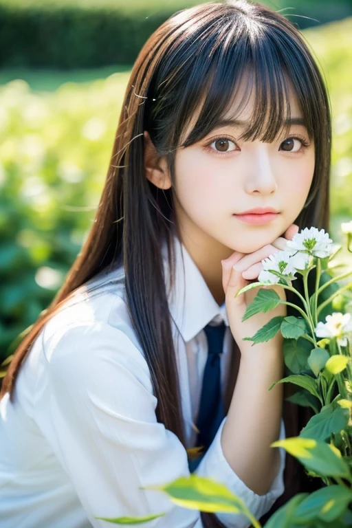 Close-up of a woman in a tie and shirt, Real life anime girls, Beautiful anime school girl, Japanese Girls, Realistic young anime girl, Ulzzang, a Surreal , Cute natural anime face, Cute Anime Girl, Neat hairstyle with bangs, Black Hair、Long Hair Anime Girl, pretty girl, Surreal
(masterpiece, highest quality),One girl with long white hair sitting in a field of green plants and flowers, She placed her hand under her chin, Warm lighting, White Dress, Blurred foreground
