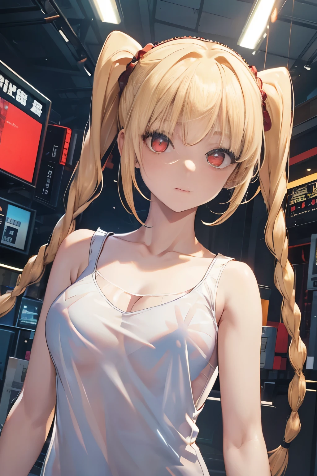 Optimal，masterpiece，High resolution，highest quality，Hyper HD，Very detailed，Award-winning，16k，alone，（Upper Body），Correct Anatomy，Beautiful Cyberpunk Girl，Upper Bodyの写真、Cute face，，blonde、Long Hair、Twin tails、Braid, Hairline，（（Scarlet Eyes）），Long eyelashes，Drooping eyelids，White skin，((shoot from the front:1.5)), ((transparent white camisole:1.5)), Clock Top、See-through、rocket , (Large Breasts),