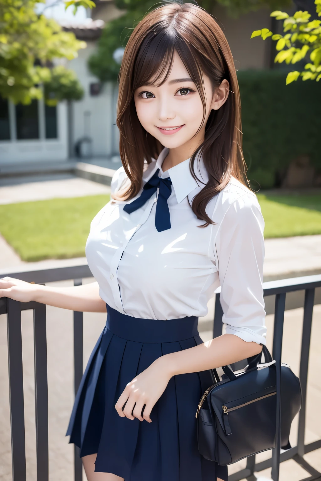 Girl and girl, ((uniform)), blouse, lifts skirt, light smile, outdoors,