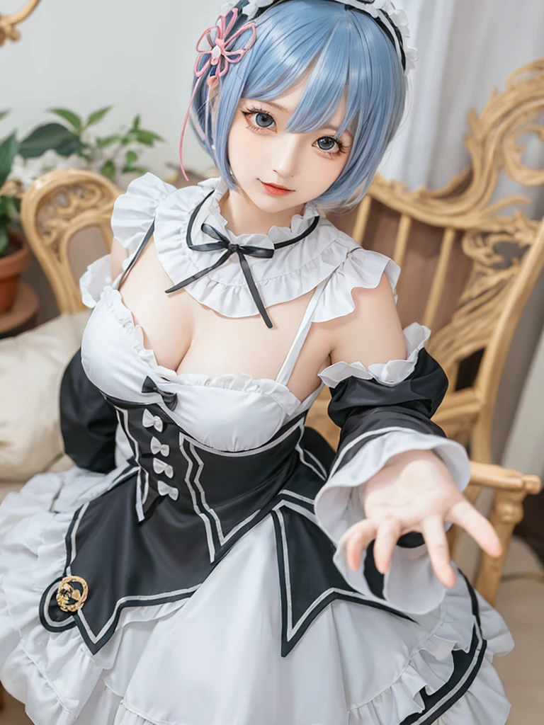 (8K, Photorealistic, Raw photo, of the highest quality: 1.3), (1girl in), Super beautiful, (Realistic face), (boyish, light blue Color Berry Shorthair),(8K, Photorealistic, Raw photo, of the highest quality: 1.3), (1girl in), Super beautiful, (Realistic face), (boyish, pink Color Berry Shorthair), Beautiful , Glare that captivates the viewer, Beautiful expression, Beautiful breasts, (Realistic skin), Be...Create a detailed and colorful image of Ram and Rem from Re:Zero, standing back-to-back in their maid outfits, with a magical fantasy background、14years old, two girls,cute, perfect face, beautiful, nice body, gothic lolita clothes, gothic lolita fashion, frilly skirt, headdress, necklace, bracelet, knee-high socks, boots, double eyelids, tear bags, Detailed down to the fingers, photo-like description, indoors, dim indoor lighting, one girl is pink hair and short bob, another girl is light blue hair and short bob,standing, whole body, composition that shows the whole body, smiling,The Both of them are wearing the same type of maid outfit