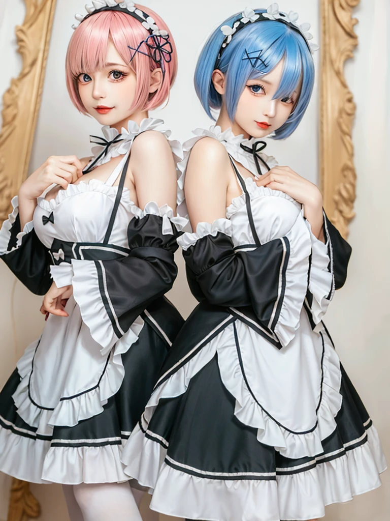 (8K, Photorealistic, Raw photo, of the highest quality: 1.3), (1girl in), Super beautiful, (Realistic face), (boyish, light blue Color Berry Shorthair),(8K, Photorealistic, Raw photo, of the highest quality: 1.3), (1girl in), Super beautiful, (Realistic face), (boyish, pink Color Berry Shorthair), Beautiful , Glare that captivates the viewer, Beautiful expression, Beautiful breasts, (Realistic skin), Be...Create a detailed and colorful image of Ram and Rem from Re:Zero, standing back-to-back in their maid outfits, with a magical fantasy background、14years old, two girls,cute, perfect face, beautiful, nice body, gothic lolita clothes, gothic lolita fashion, frilly skirt, headdress, necklace, bracelet, knee-high socks, boots, double eyelids, tear bags, Detailed down to the fingers, photo-like description, indoors, dim indoor lighting, one girl is pink hair and short bob, another girl is light blue hair and short bob,standing, whole body, composition that shows the whole body, smiling,The Both of them are wearing the same type of maid outfit