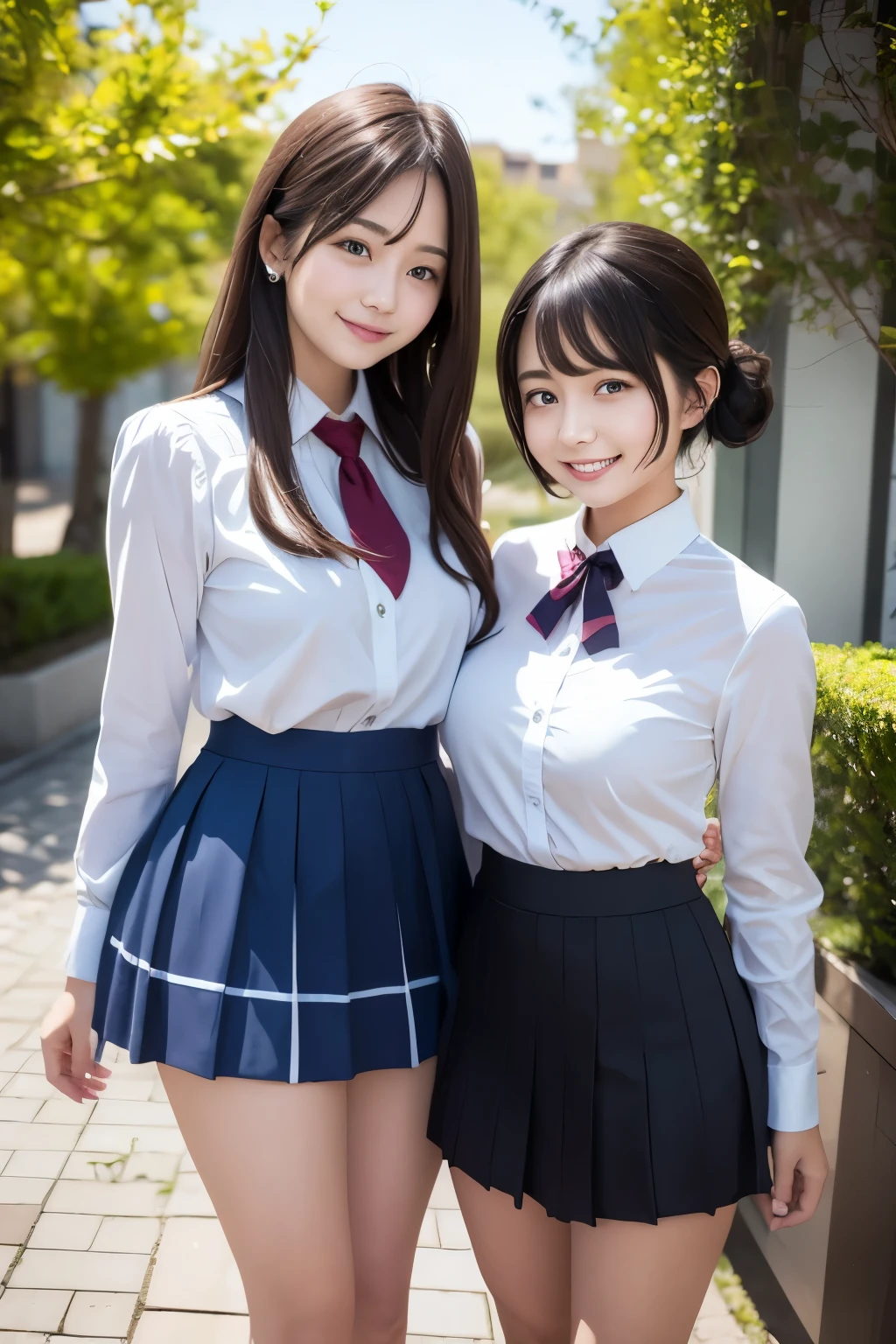 Girl and girl, ((uniform)), blouse, lifts skirt, light smile, outdoors,