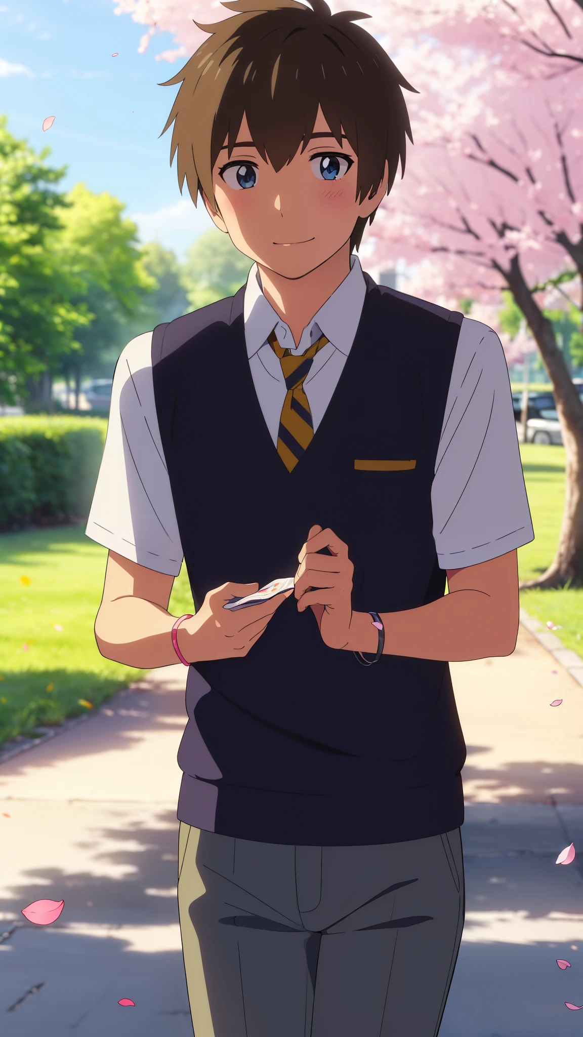 shinkai makoto, kimi no na wa., 1boy, taki, tachibana_taki, male focus, short brown hair, blush, blue eyes, looking at the viewer, red tie, shirt, sweater vest, vest, white shirt, yellow sweater vest, yellow vest, pants, black pants, short sleeves, solo, day, outdoors, standing, shadow, smile, happy, bracelet, cherry_blossoms, falling_petals, petals, branch, pink_flower, blue_sky, sunlight, spring_season, wind, tree, Upper body portrait
