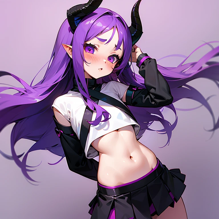 Young succubus. Mini skirt. Horns. No wings. Shy. Blush. Teenage. Purple hair. Crop top