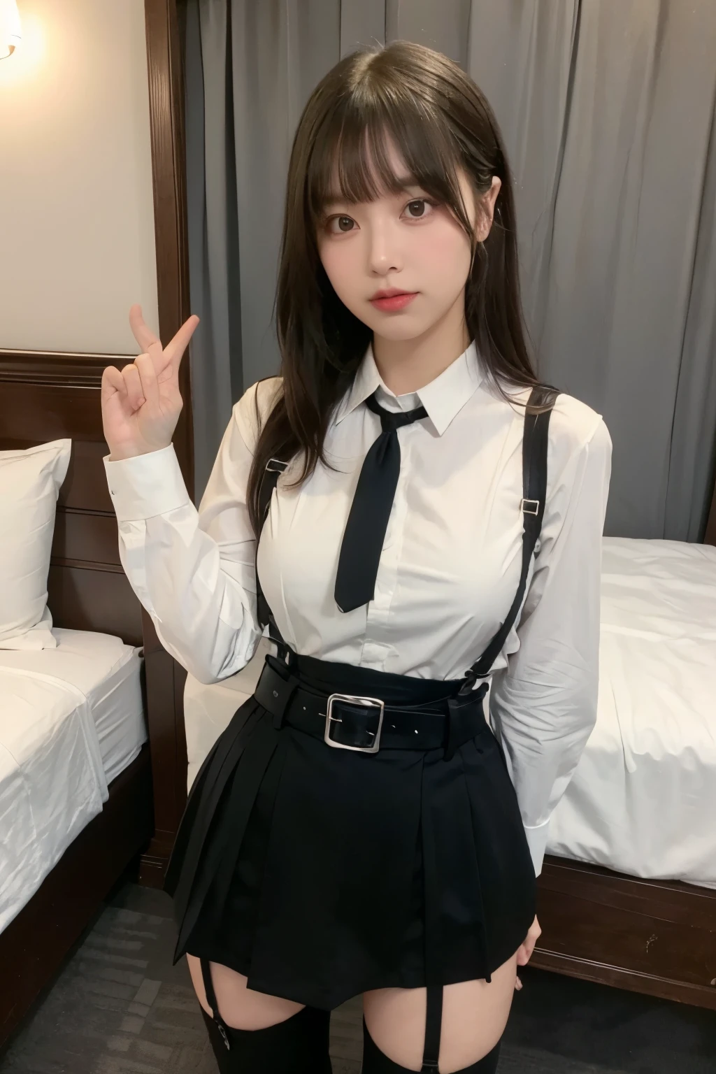 suspenders Large swollen breasts Black mini skirt garter belt Knee-high socks bangs Beauty Hands up Black boots Taunt one person Dress shirt Hands Behind Back put your hands behind your back With your hands behind your back Armament holster A room at the Belt Hotel Bed