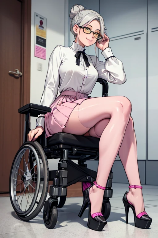 female, grey hair in a bun, yellow eyes, (((1girl))), (((white blouse))), (pink long skirt), (pale pink shawl), (black heels), (glasses with chain), (grey pantyhose), sitting in wheelchair, full body, large breasts, large butt, long legs, smiling, older woman