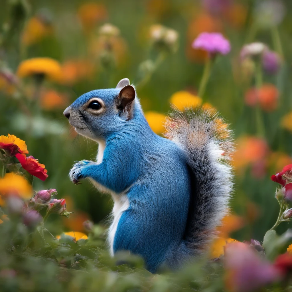 A blue squirrel in a flower field