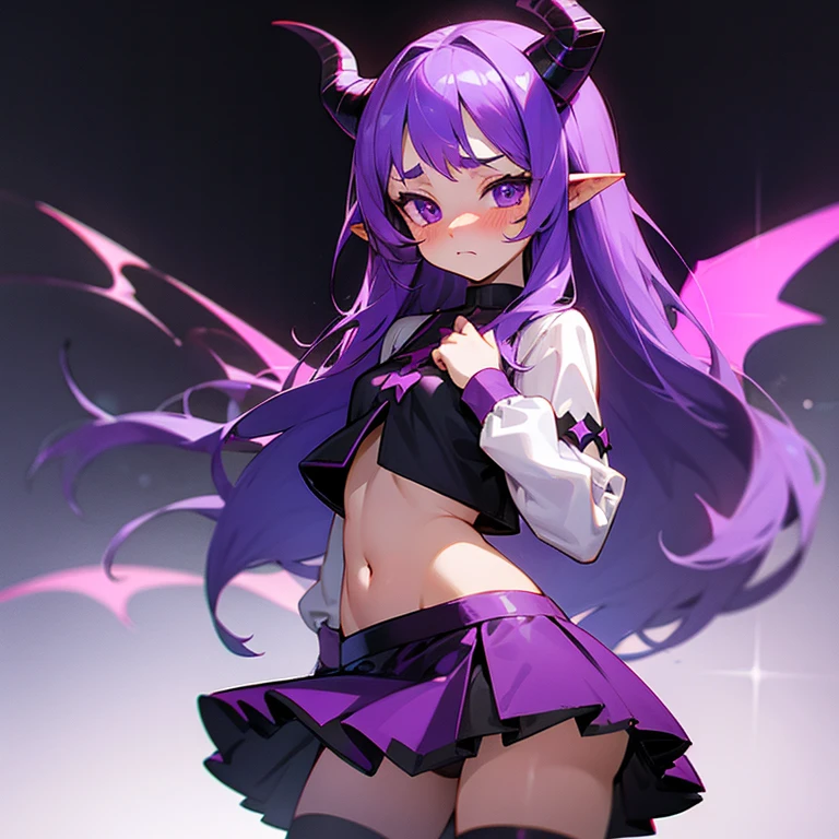 Young succubus. Mini skirt. Horns. No wings. Shy. Blush. age. Purple hair. Crop top