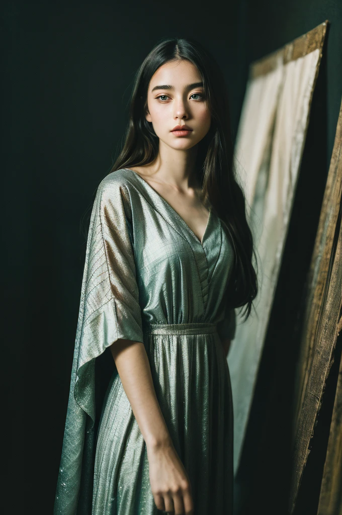 ( masterpiece, top quality, best quality,8k,17 years old girl,ultra detailed,raw photo:1.5),(photorealistic:1.4), (cinematic lighting), PerfectNwsjMajic, , Surrealism, UHD, ccurate, Super detail, textured skin, High detail, Best quality, dynamic angle, White skin,[Beautiful blue eyes], high nose,[flat chest:large breasts:0.5],(1girl),(good anatomy:0.5)), Dreamy atmosphere, Dark-toned background, expressive brush strokes, mystical ambiance, Artistic interpretation, Stunning Studio Ghibli style costumes, a whimsical illustration, Subtle colors and tones, mystical aura, Face
