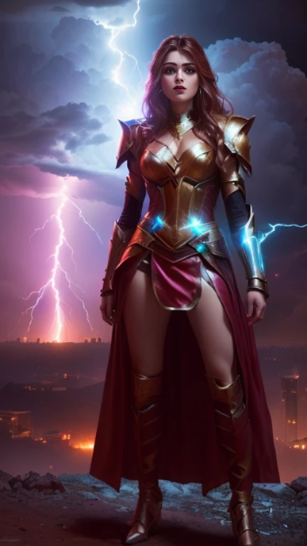a woman in a costume standing on a hill With Lightning in the background, Goddess of Thunder, wearing thunder armor, Maya Ali as the Lightning Magician, She's attracting lightning, Lightning Fantasy Magic, Fantasy Character Pictures, Lightning flashes behind her, Lightning in the movie, Female lightning Jenasi, Magnificent lightning, With Lightning, amouranth as a super villain