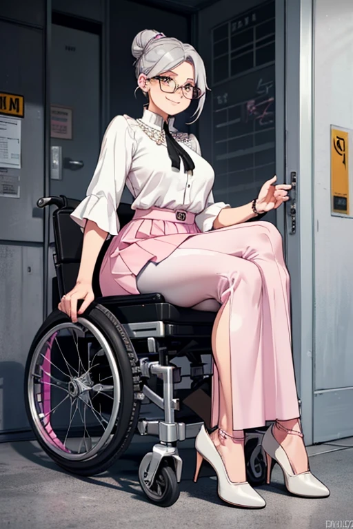 female, grey hair in a bun, yellow eyes, (((1girl))), (((white blouse))), (pink long skirt), (pale pink shawl), (black heels), (glasses with chain), (grey pantyhose), sitting in wheelchair, full body, large breasts, large butt, long legs, smiling, older woman