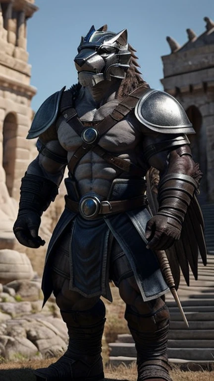 and realism, stands tall before you with his muscular build and intricately detailed armor. His galea helmet, lorica segmentata chest plate, ocreae greaves, and ptera winged shoes are all rendered in stunning 3D using Octane with ray tracing for super-realistic detailing. The suede gloves on his hands add to the authenticity of the scene. With a detailed belt (balteus) cinched around his waist, and shoulder armor (scutum) protecting his upper body, he holds a spear (hastae) in one hand and a shield (scutum) in the other, ready for battle. His muscular physique and the Roman military