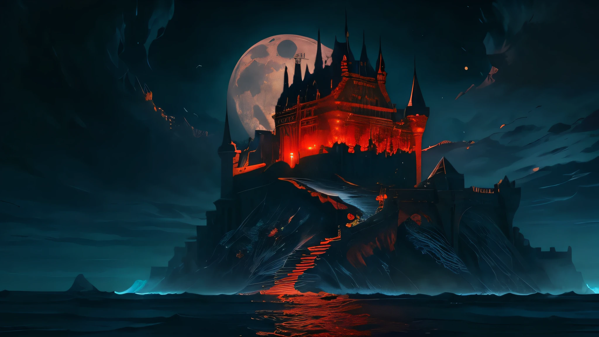 dreamlikeart Castlevania Lord of the shadows hyper realistic super detailed Legendary castle. Moon behind glowing red on waves of sea large view environnement