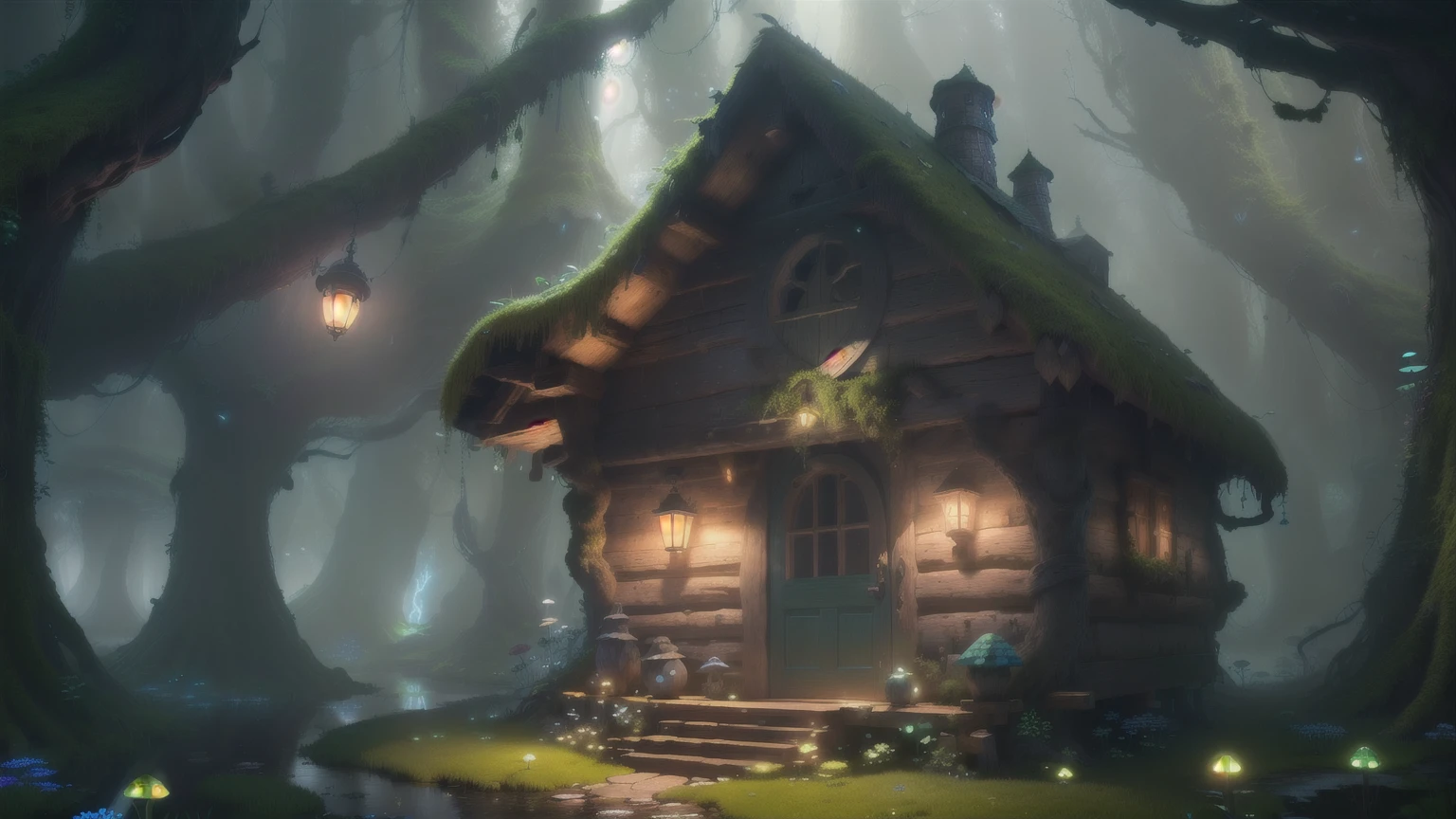 masterpiece, best quality, night, (extremely detailed CG unity 8k wallpaper), (best quality), (best illustration), (best shadow),( A mushroom house covered with moss),(((Fantasy))),(((spirit))),(((dew))),(timbo),(creek),firefly,clover,wtarlight surrounds the room,petal, isometric 3D, octane render,ray tracing,ultra detailed,