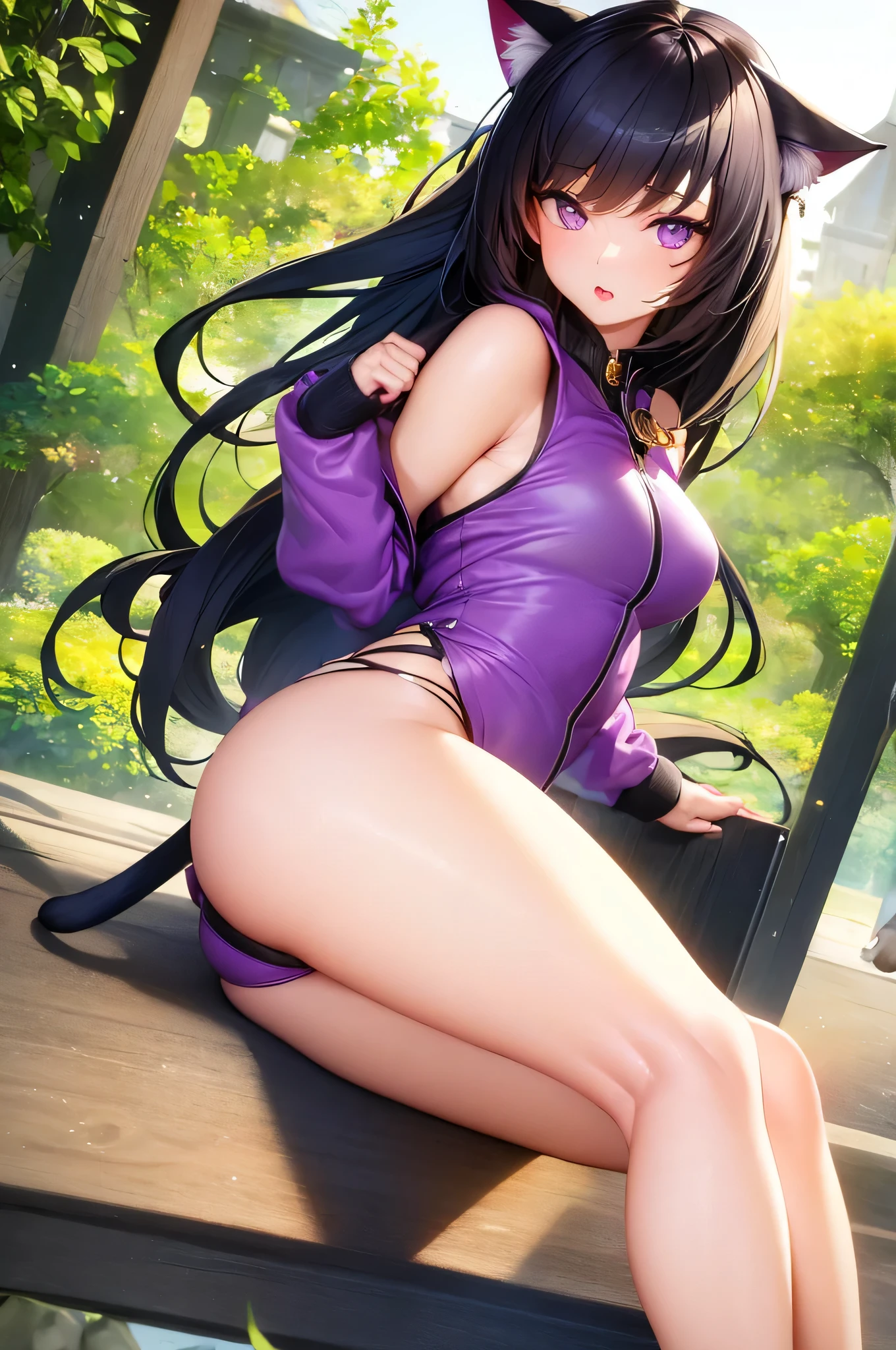 (best quality)), ((masterpiece)), (detailed), perfect face, Black hair, cat ears, looking at the viewer, wearing a purple jacket, one girl