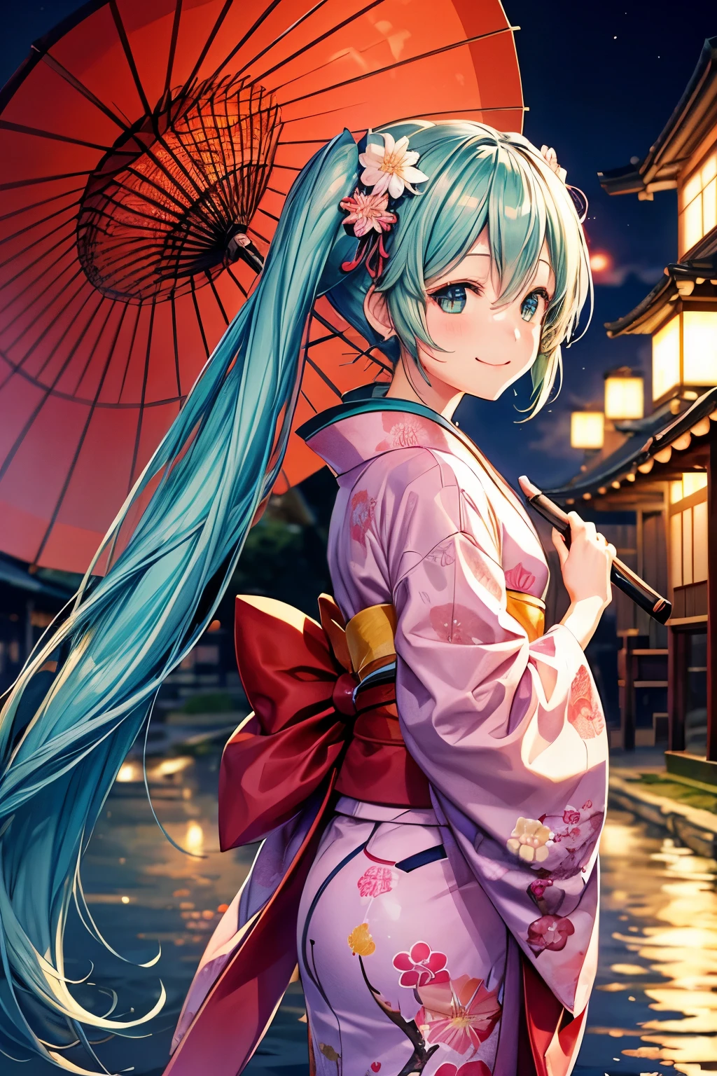 Hatsune Miku、Background Kyoto、kimono、At night、smile、Cherry blossoms in the background、Japanese Umbrella 1
