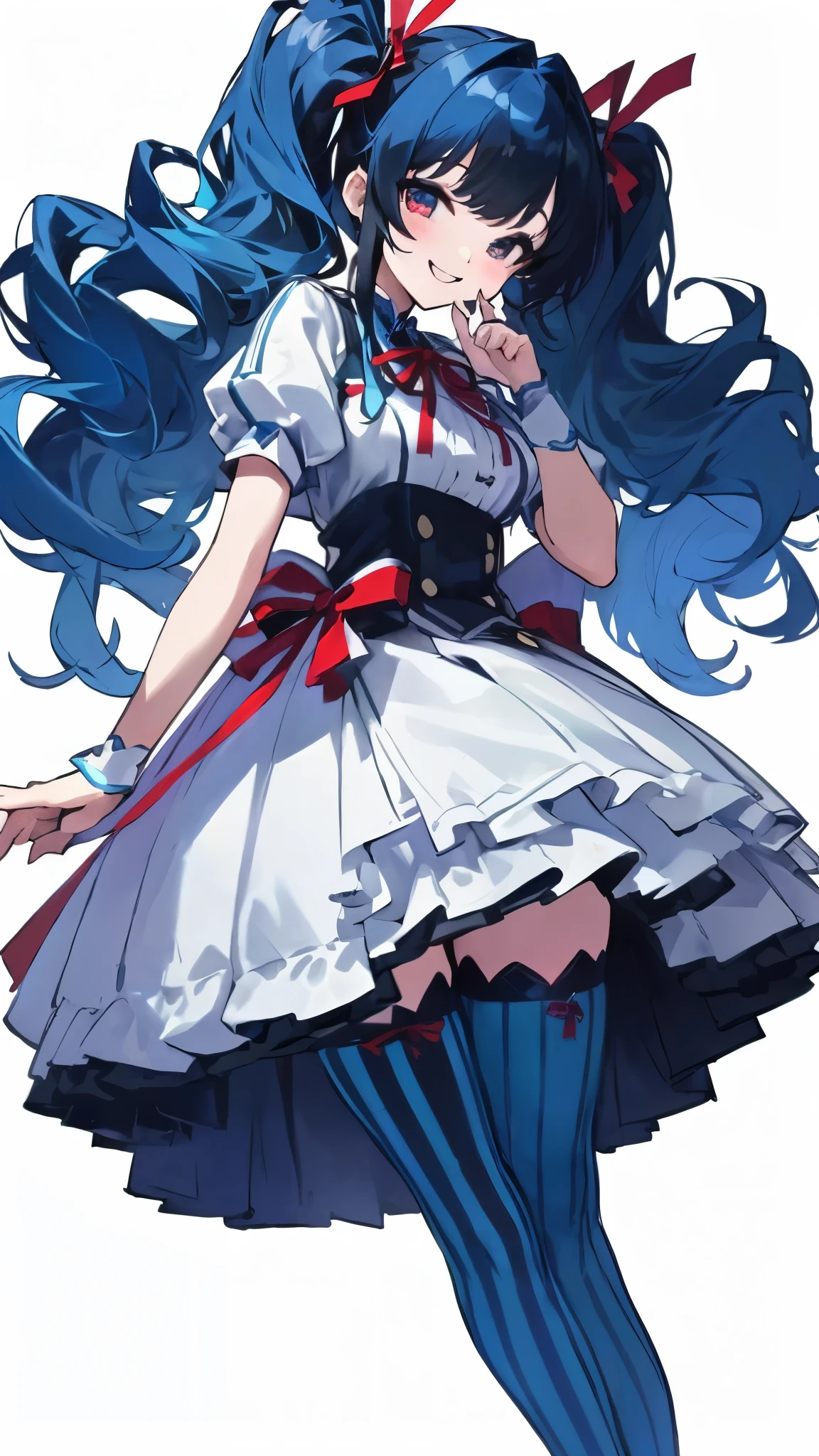 Blue curly hair, Twin tails、Red ribbon、smile、blue and white costume,blue and black striped stockings、Official Art、Background is white
