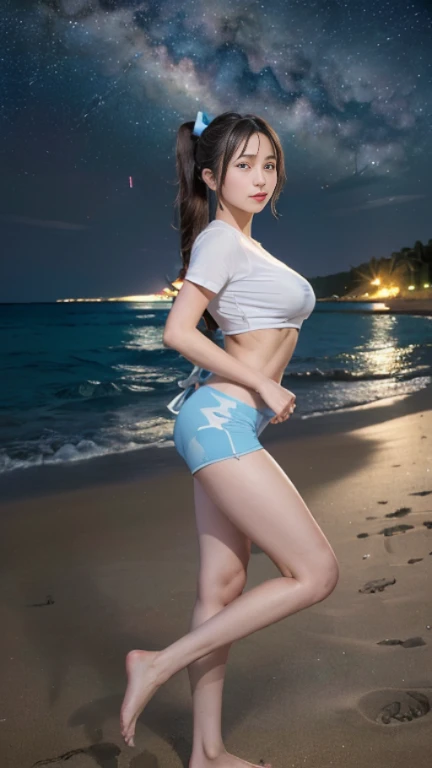 ((masterpiece)), (highest quality), 23 years old,Very detailed, finely, (High resolution), (8k), ((Perfect front viewcomposition)), (Natural color lip),(Side Ponytail:1.3),(((Standing facing forward on the beach at night, look at me))),((Printed T-shirt)),((Light blue fitness shorts)),((From the whole body to the toes:1.3)),((Perfect front view)),((The magnificent Milky Way floating in the night sky)),((Natural pose)),,((Big ribbon on thigh)),((Normal size buttocks)),((Ample breasts)),((Full and firm breasts)),(look at me微笑む),