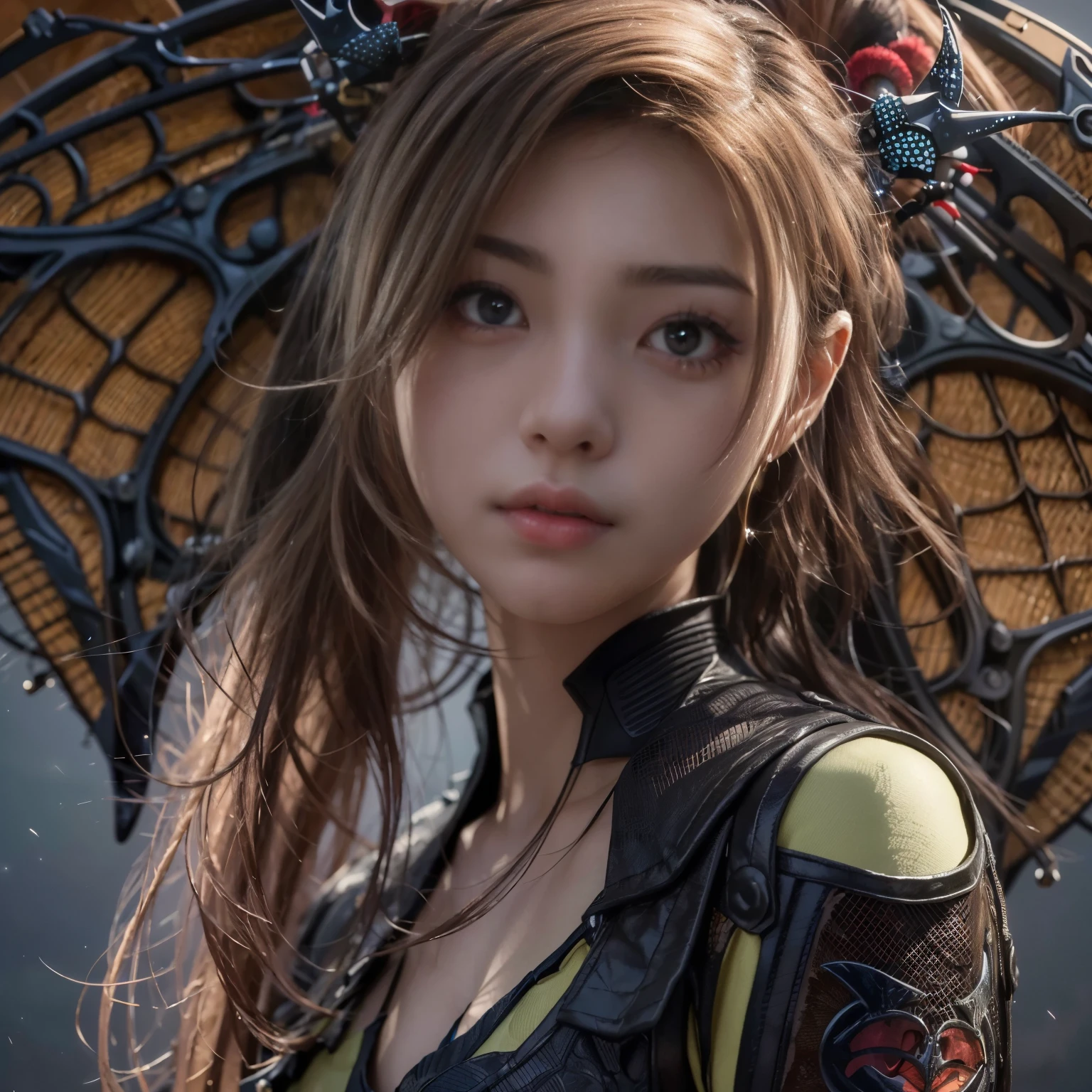 (masterpiece, best quality:1.2), (8k uhd, 16k, 32k, ultra high res), (photorealistic:1.37), (RAW photo), ultimate-realistic, ultimate-realistic details, ultimate-realistic texture, ultimate-intricate details, ultimate-realistic lighting, ultimate-realistic shadow, japanese girl, ultimate-cute face, ultimate-RAW skin, ultimate-realistic eyes, Beautiful Japanese girl with beautiful eyes and lips on upper body, spider body on lower body, bat wings, partly mechanical elements, 16 years old, vivid colors, detailed depiction of girl's hair blowing in the wind, realistic textures on the spider body, mechanical partssurrealistic lighting, eerie atmosphere, dark and mysterious background
