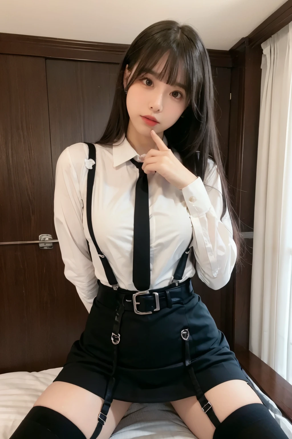 suspenders Large swollen breasts Black mini skirt garter belt Knee-high socks bangs Beauty Hands up Black boots Taunt one person Dress shirt Hands Behind Back put your hands behind your back With your hands behind your back Armament holster A room at the Belt Hotel Bed