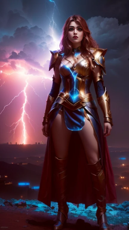 a woman in a costume standing on a hill With Lightning in the background, Goddess of Thunder, wearing thunder armor, Maya Ali as the Lightning Magician, She's attracting lightning, Lightning Fantasy Magic, Fantasy Character Pictures, Lightning flashes behind her, Lightning in the movie, Female lightning Jenasi, Magnificent lightning, With Lightning, amouranth as a super villain