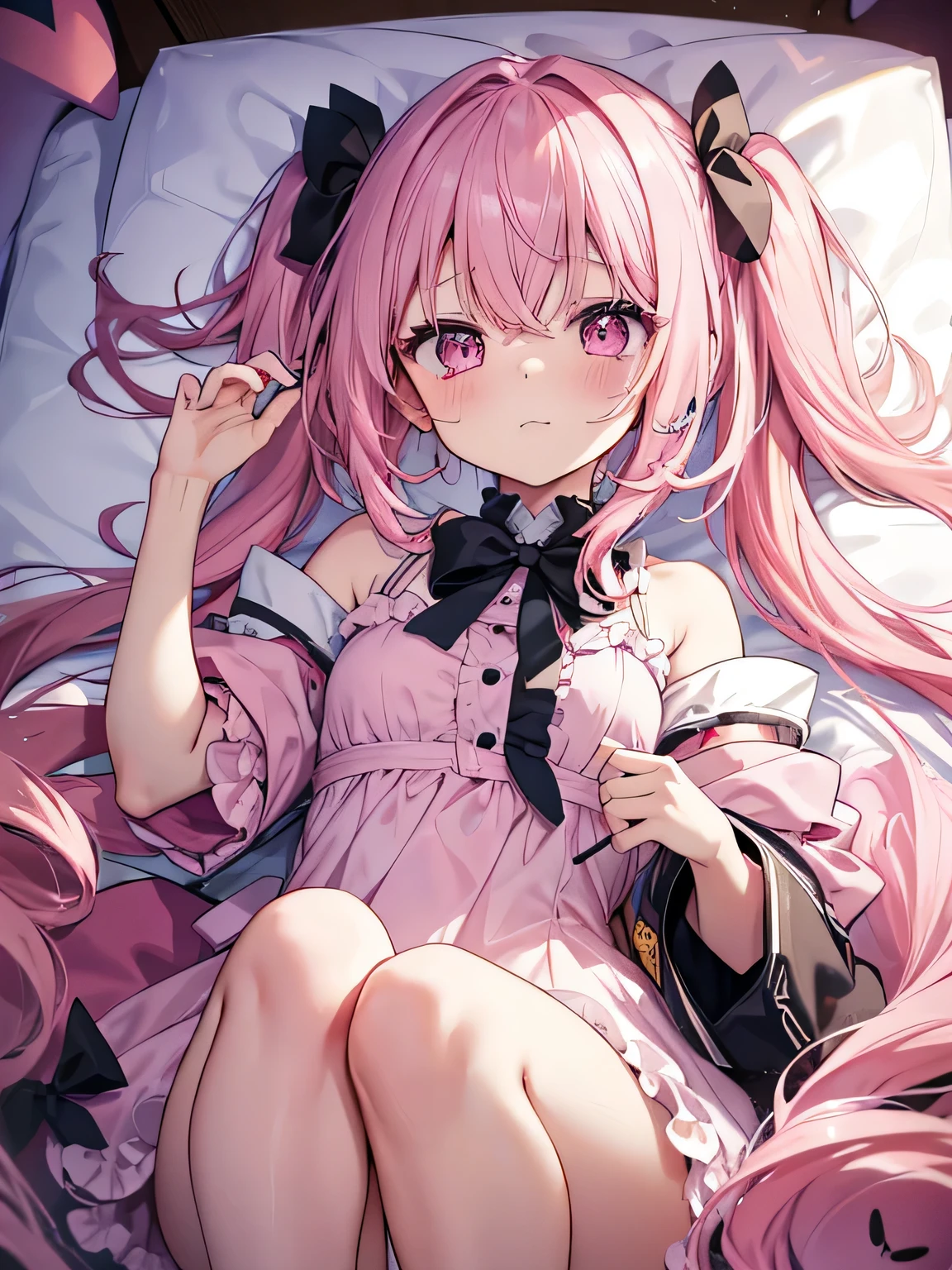Dark Taste、Small breasts、Gal、Girl、cute、Lori、 Con、Like、Pink Hair、Twin tails、Long Hairstyles、Dark pink eyeenhera、Eyes glow pink、There are hearts in my eyes、A world full of love、cute、cute、Slender body、Dog's Fangs、Dog costume、dog tail、Line of sight、teary-eyed、Lying on your back、knife