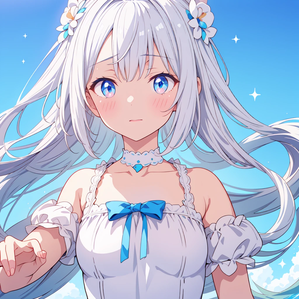 vtuber-halfbody、Bangs shorter than eyebrowasterpiece、Best Quality、Best illustrations、Super detailed、Upper Body、solo、1 girl、looking at the camera、upright、Arms at your sides、Beautiful detailed eyes、Concept Art、from the front、White background、Simple Background、Droopy eyes and big eyes、Super detailedな眼、Sparkling eyeilky white and blue gradient long hair、Short sleeve、water colored pencils、kind face、blush、Virtual YouTuber、